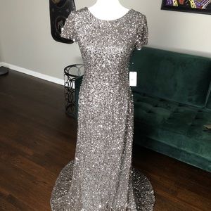 Taupe/Gray colored sequined gown with cap sleeves